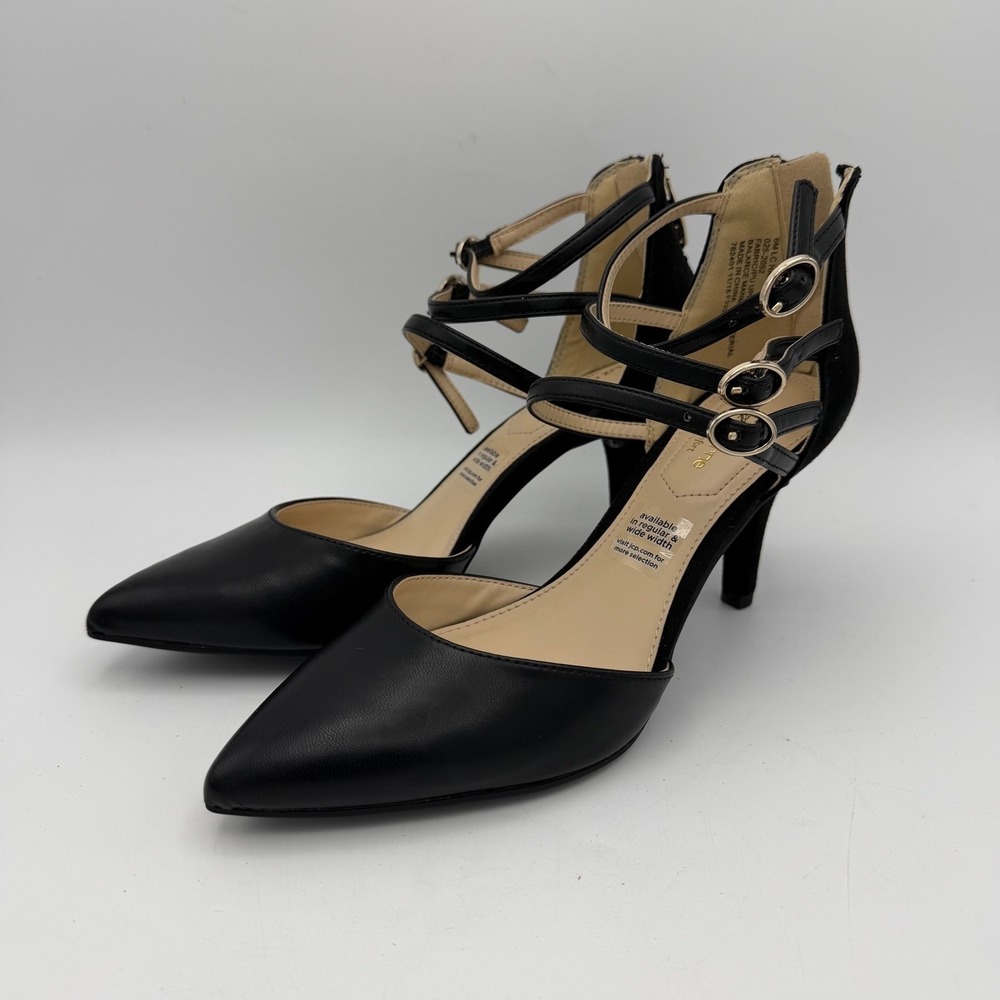 NEW Liz Claiborne Women's‎ Sz 6 Faux Leather Ankle Strap Pointed Toe Black Heels